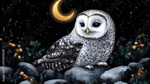 Majestic Snowy Owl Under Crescent Moon Night Sky