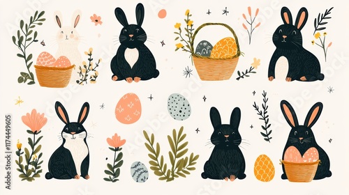 Easter-themed clipart featuring a variety of bunnies, eggs, and baskets, illustrated in a whimsical style with soft pastel tones