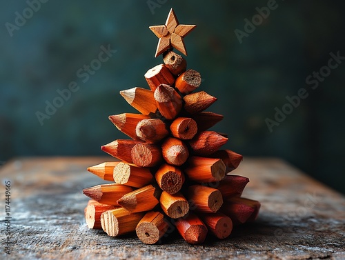 Close-Up Photo: Rustic Wooden Pencil Christmas Tree, Artistically Arranged on Dark Table. AI Generated photo