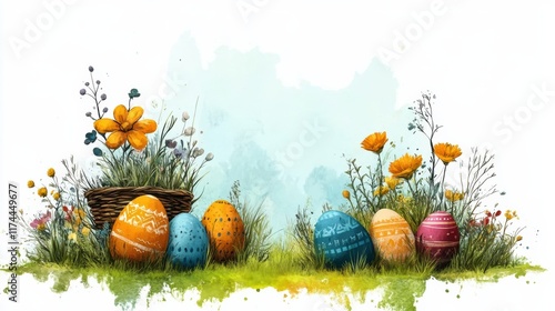 Easter-themed clipart featuring a variety of bunnies, eggs, and baskets, illustrated in a whimsical style with soft pastel tones 