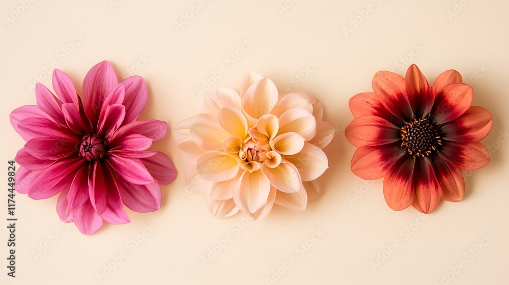 A trio of flowers in different vibrant shades placed side by side on a cream backdrop A trio of flowers in different vibrant shades placed side by side on a cream backdrop