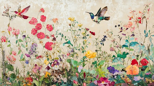 A lively garden scene reimagined on a plain cream canvas photo