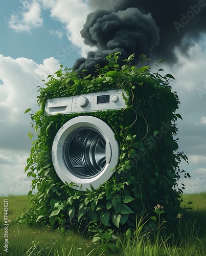 Eco-friendly washing machine overgrown with lush green plants, symbolizing sustainable living, environmental awareness, nature reclaiming technology, and reducing carbon footprint with modern innovati photo