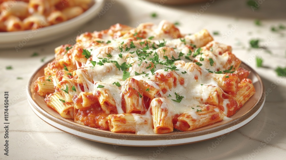 A plate of rigatoni pasta topped with cheese and herbs. A plate of rigatoni pasta topped with cheese and herbs.
