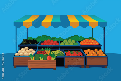 A vibrant farmers market stand overflowing with an abundance of fresh fruits and vegetables.