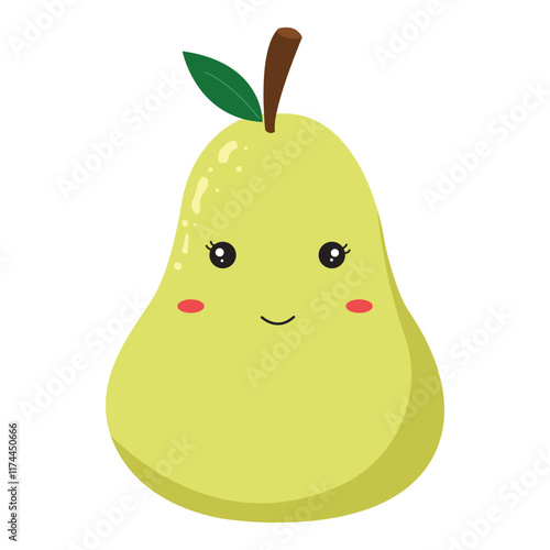 Cute cartoon pear character illustration. suitable for food packaging, recipe books, kids products, and health related content. Smiling fruit adds cheer.