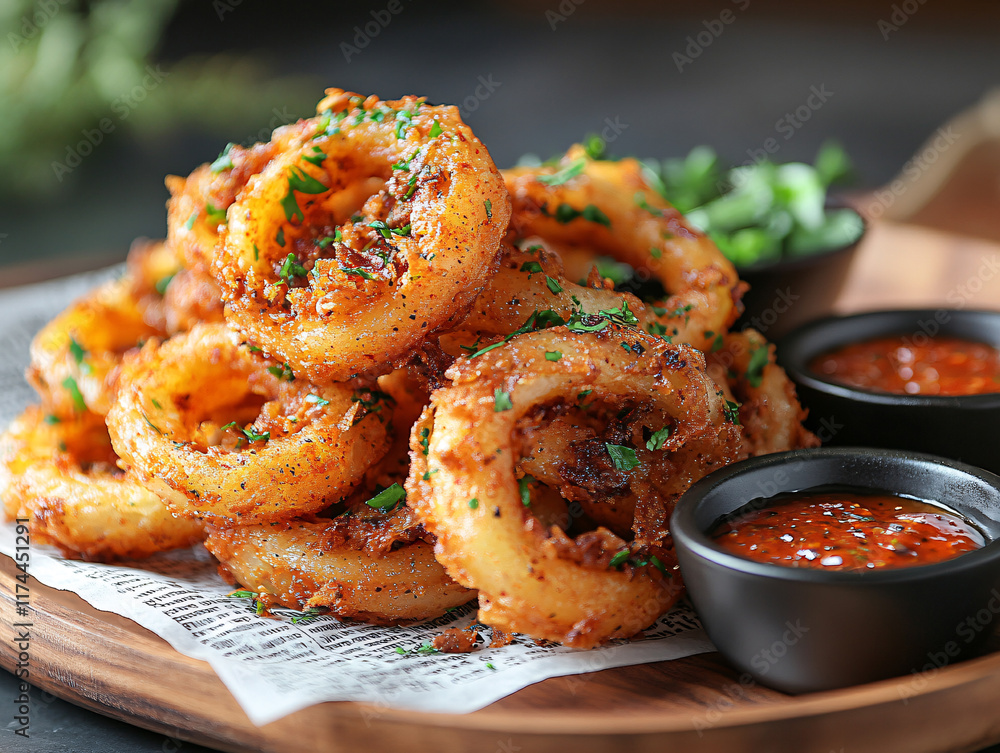 a plate of crispy onion rings garnished with parsley, accompanied by two dipping sauces. a plate of crispy onion rings garnished with parsley, accompanied by two dipping sauces.