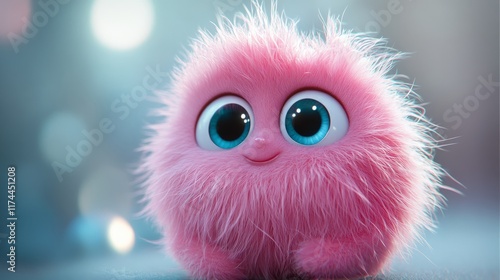 Cute pink little monster, a furry texture, blue background, lovely style, 3d rendering