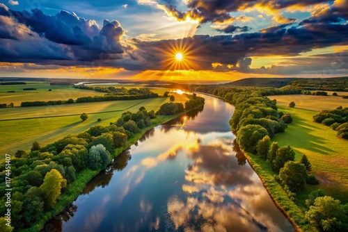 Aerial View of Serene River Sunset, Golden Hour Landscape Photography