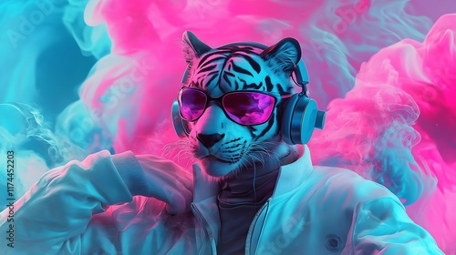 A fantasy character with the head of a tiger in stylish sunglasses and headphones relaxing in a white jacket while the pink and blue colors swirl around them photo