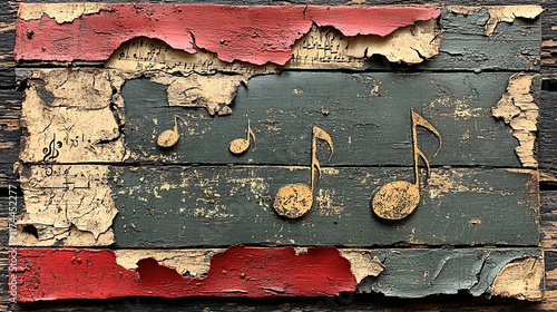 Unique handcrafted piece combining distressed wood, paint, and musical symbols photo