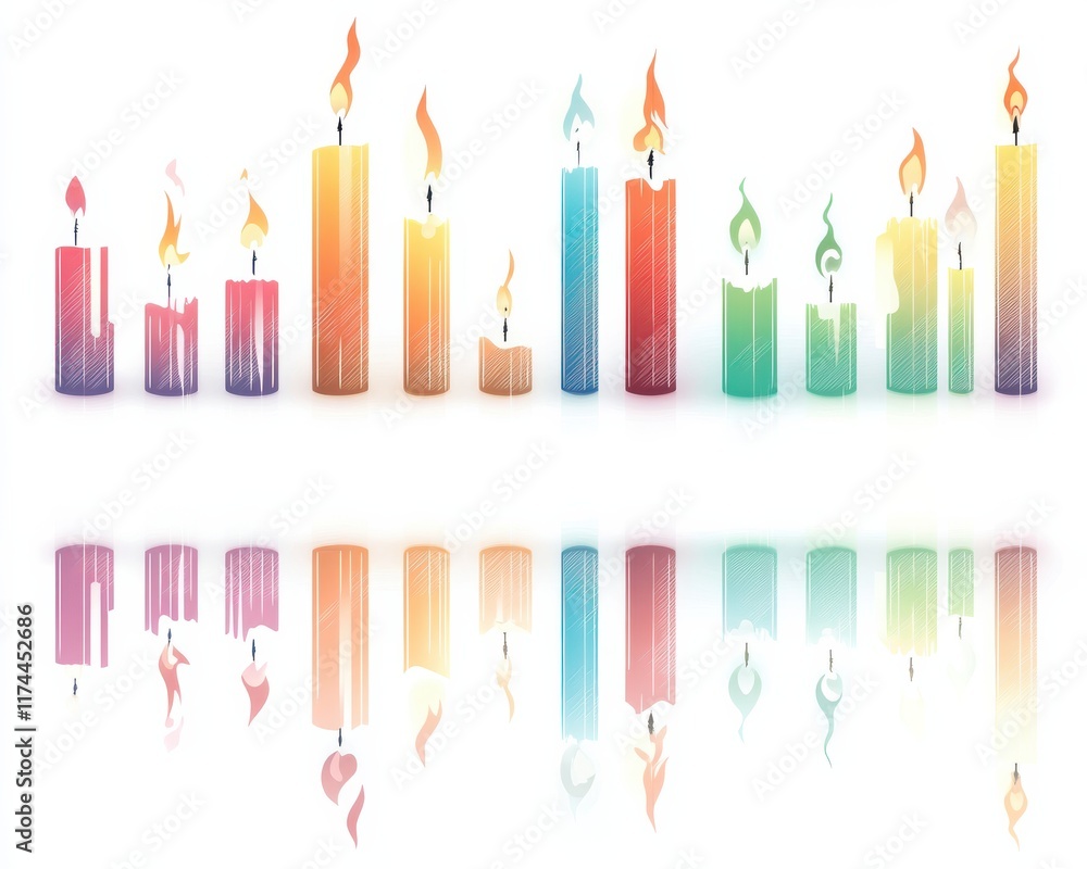 Colorful candles reflecting light in a vibrant display, creating a serene atmosphere. Colorful candles reflecting light in a vibrant display, creating a serene atmosphere.