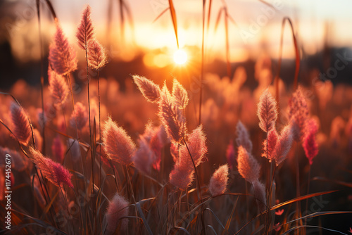 serene and dreamlike atmosphere is created by sun's glow as it sets behind a field of tall grass photo