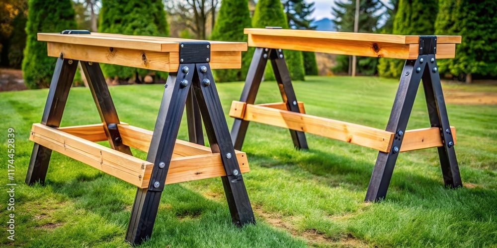 Aerial View of Two Rustic Wooden Sawhorses with Black Plastic Brackets Aerial View of Two Rustic Wooden Sawhorses with Black Plastic Brackets