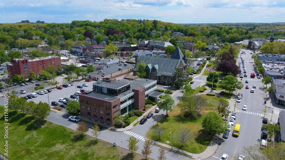 Newton Centre historic district aerial view including Newton Centre Green and historic Beacon Street in spring in city of Newton, Massachusetts MA, USA. Newton Centre historic district aerial view including Newton Centre Green and historic Beacon Street in spring in city of Newton, Massachusetts MA, USA.