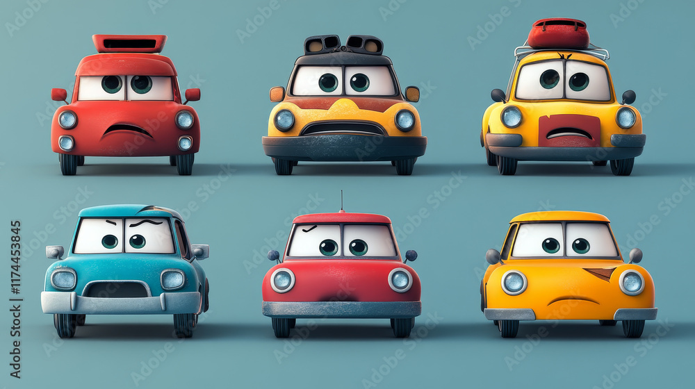 Cartoon car characters express happy or sad emotions, cute automobile emoticons with smiling face, unhappy transport with broken windshield isolated on white background, Vector illustration, icons set Cartoon car characters express happy or sad emotions, cute automobile emoticons with smiling face, unhappy transport with broken windshield isolated on white background, Vector illustration, icons set