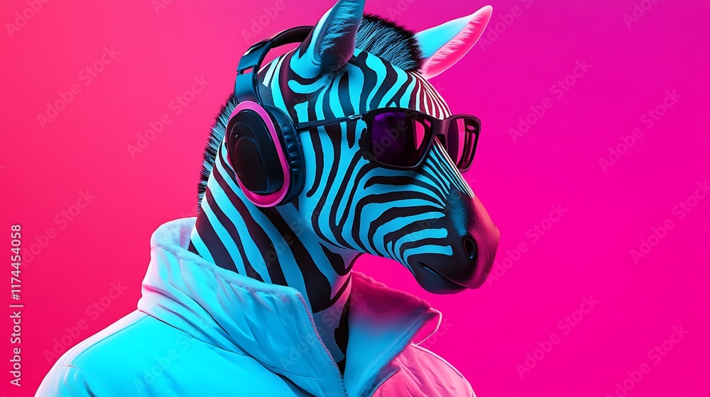 Naklejka premium A fantasy character with the head of a zebra listening to music with headphones and sunglasses on in a white jacket against a bold pink and blue backdrop