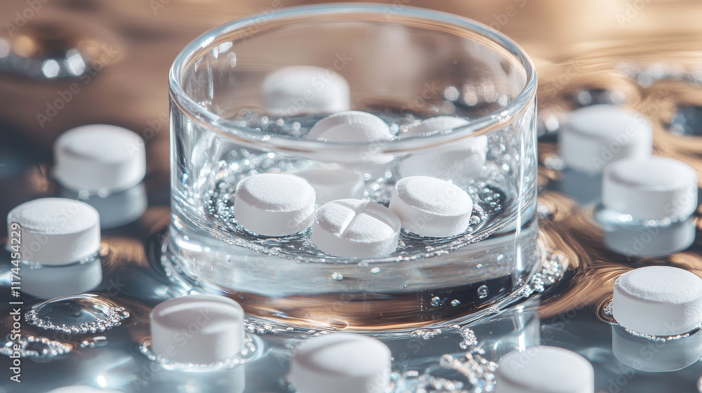 Effervescent tablet of aspirin or other medicines drops underwater, dissolves and bubbles. Realistic vector illustration of two white round soluble pharmaceutical pill or drug fizzy and splash. Effervescent tablet of aspirin or other medicines drops underwater, dissolves and bubbles. Realistic vector illustration of two white round soluble pharmaceutical pill or drug fizzy and splash.