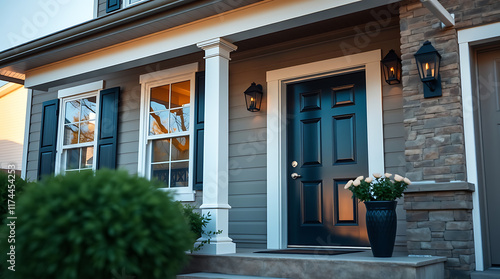 Fototapeta Naklejka Na Ścianę i Meble -  House Exterior with Blue Door and Stone Accents