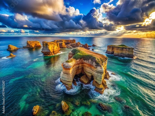 Aerial View: Sandstone Rock Formation & Mysterious Stone Circle at Sea