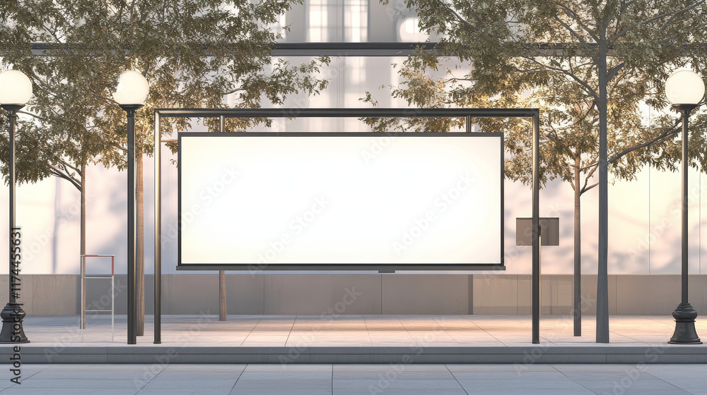 Street billboard mockup with blank white banner and lamps on metallic pillars. Realistic vector illustration set of outdoor road board for advertising sign. Horizontal signage panel template. Street billboard mockup with blank white banner and lamps on metallic pillars. Realistic vector illustration set of outdoor road board for advertising sign. Horizontal signage panel template.