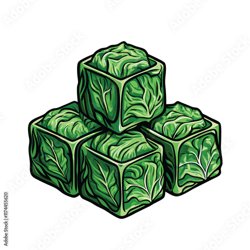 Close-up image of frozen spinach blocks stacked together in a freezer, showcasing the texture and green color of the spinach.