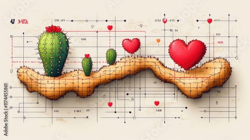 Desert landscape with cacti and hearts, design concept. photo