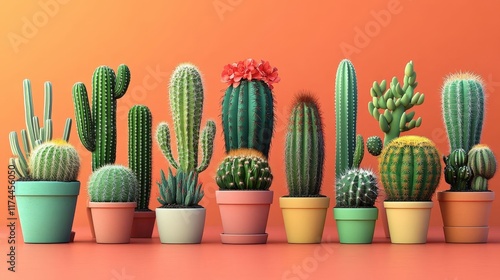 Collection of various cacti in colorful pots against a vibrant orange background.