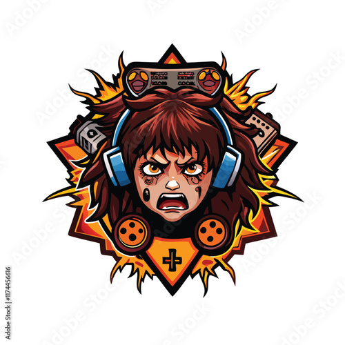 frustrated-gamer--a-girl-with-messy-hair-and-a-hea.eps