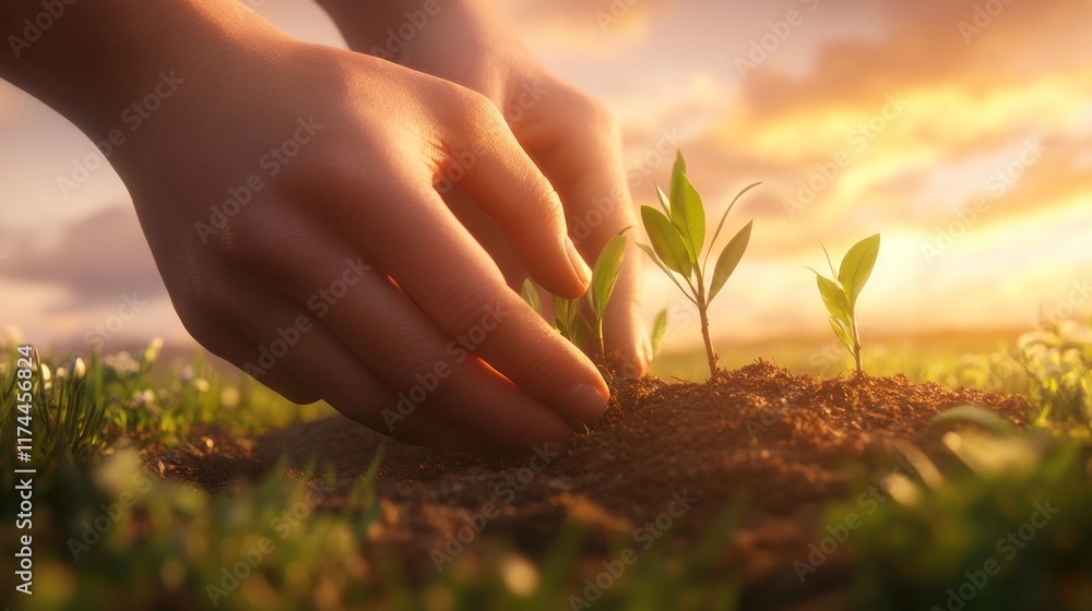 Fototapeta premium Hands planting young seedlings in soil at sunset.