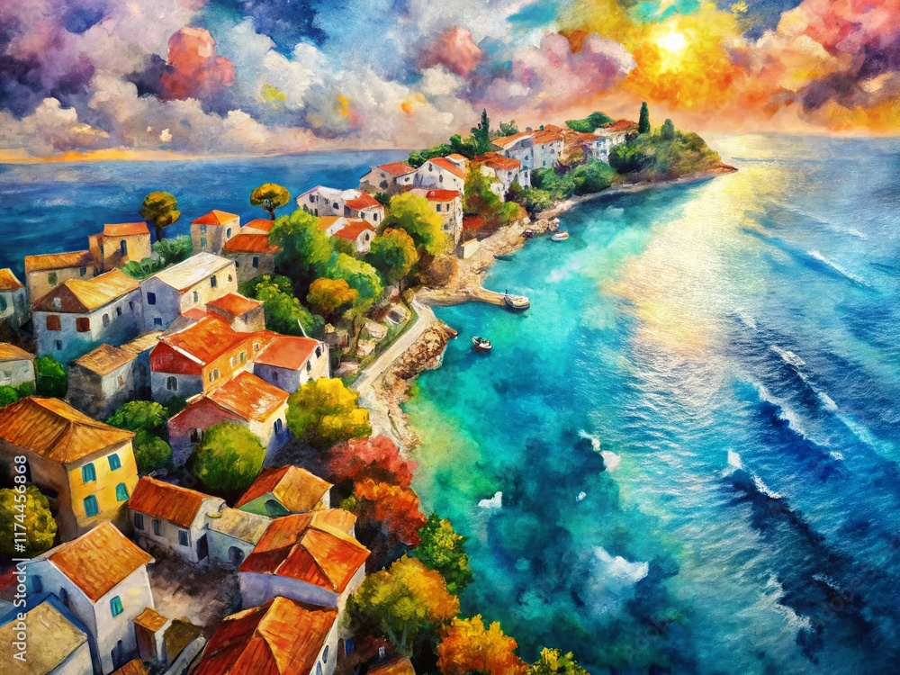Fototapeta premium Aerial View Watercolor Painting on Paper, Artistic Brushstrokes, Colorful Abstract Art
