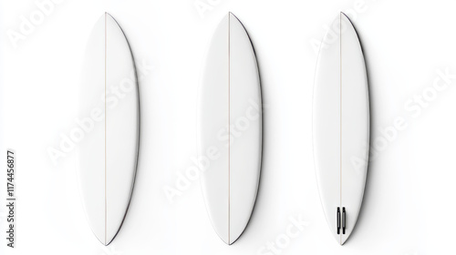 White surfboard front, side and back view. Vector realistic mockup of blank long board for summer beach activity, surfing on sea waves. Leisure sport equipment isolated on white background photo