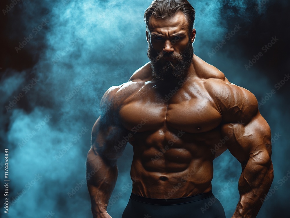 Obraz premium Powerful Bodybuilder Posing Intensely in Dramatic Blue Smoke Photo. AI Generated