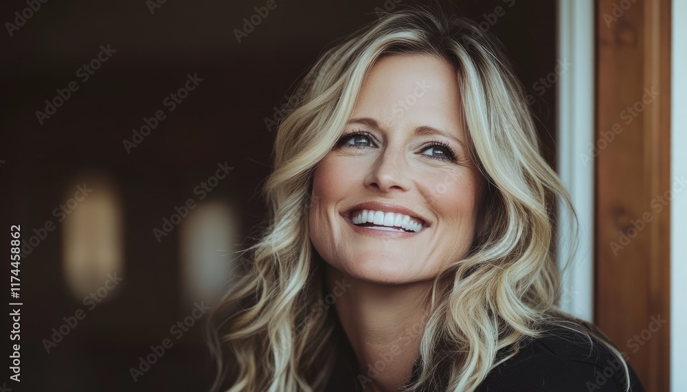 Smiling Blonde Woman Looking Upward in Indoor Space With Wooden Trim Smiling Blonde Woman Looking Upward in Indoor Space With Wooden Trim