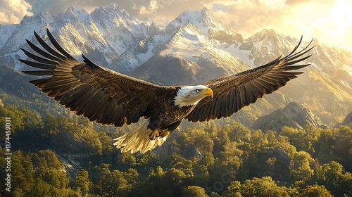 Wallpaper Mural Majestic Eagle Soaring Over Snow Capped Mountains at Sunrise Symbolizing Strength and Freedom Torontodigital.ca