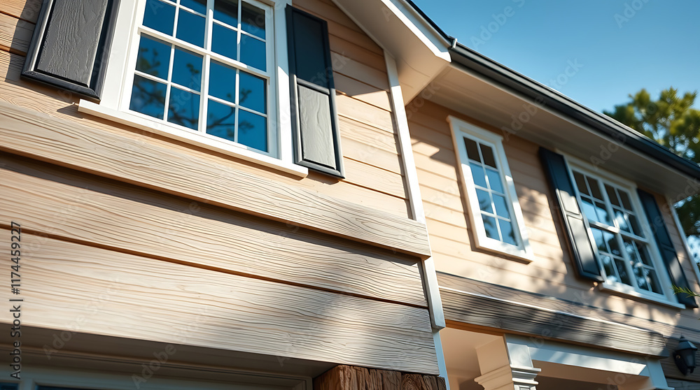 Fototapeta premium Light Beige House Exterior with Windows and Shutters