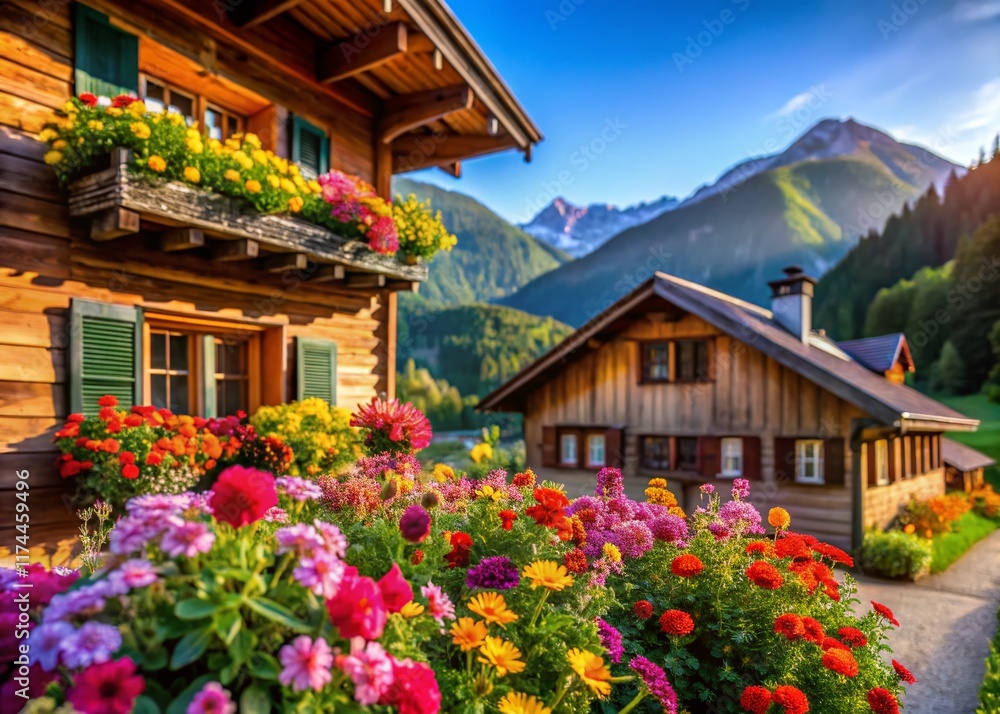 Alpine Village: Colorful Flowers & Traditional Wooden House Double Exposure Alpine Village: Colorful Flowers & Traditional Wooden House Double Exposure