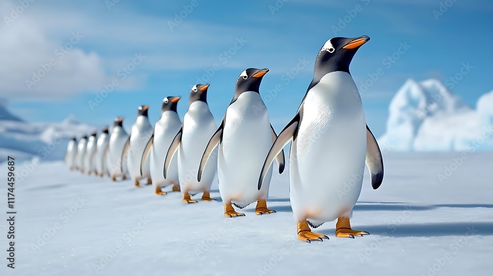 Obraz premium Penguins Waddling in Synchronized Lines on Snowy Terrain