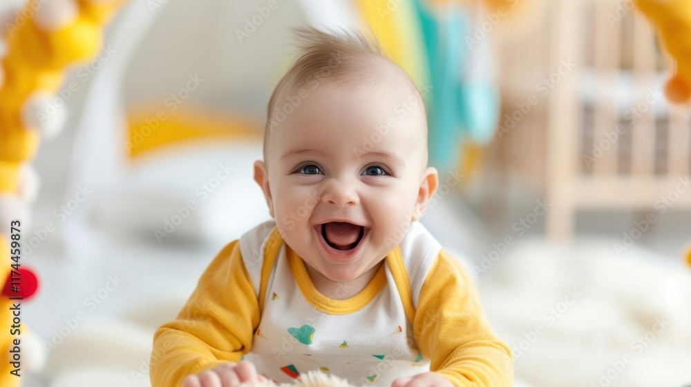 A joyful baby with a big smile is playing on a soft mat, surrounded by colorful toys in a bright and cheerful space. A joyful baby with a big smile is playing on a soft mat, surrounded by colorful toys in a bright and cheerful space.