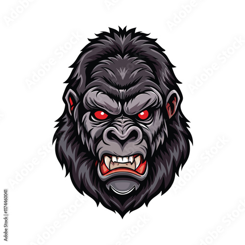 A close-up portrait of a powerful, gritty gorilla with silver fur and piercing red eyes. The gorilla's expression is intense and focused.