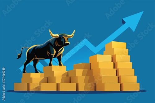 A powerful golden bull charging forward, symbolizing a strong bull market and a safe haven for investors during economic uncertainty.