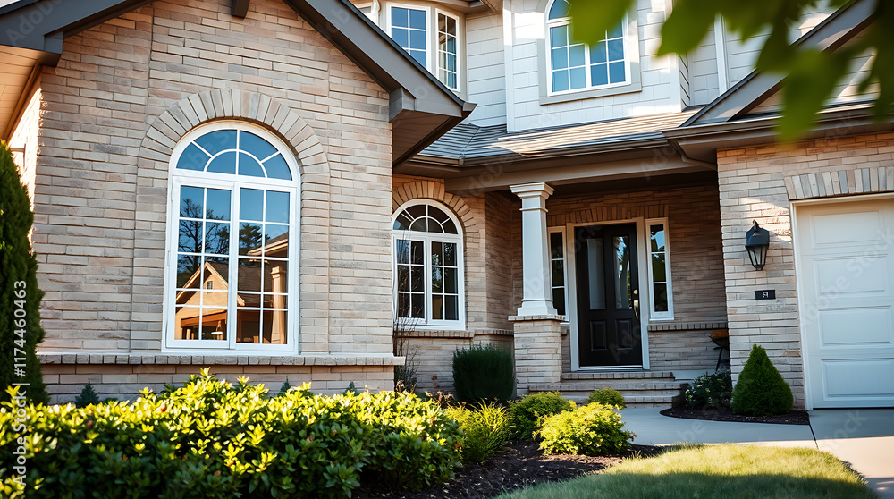 Obraz premium Exterior View of Two-Story Brick House with Landscaping