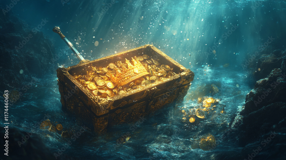 Fototapeta premium Treasure on sea bottom, chest with golden coins and crown, crystal gems, sword, gold idol and goblet with precious rocks, ancient pirate or fantasy sunken wealth in ocean, Cartoon vector illustration