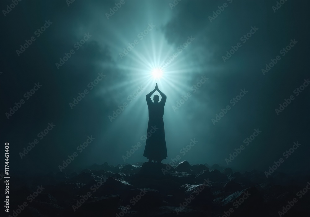 Fototapeta premium Mystic figure raises hands in light amidst darkness in an ethereal landscape