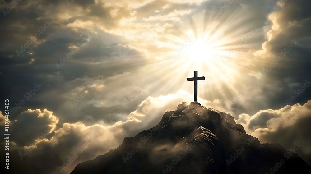 Cross on a high mountain summit with dramatic sunlight breaking through a cloudy sky Cross on a high mountain summit with dramatic sunlight breaking through a cloudy sky