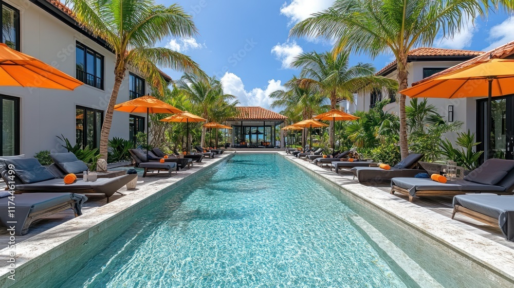 custom made wallpaper toronto digitalA luxurious pool area surrounded by palm trees and lounge chairs, perfect for relaxation.