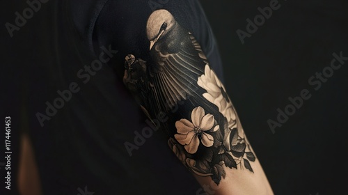 Black and Grey Bird and Floral Tattoo on Arm photo