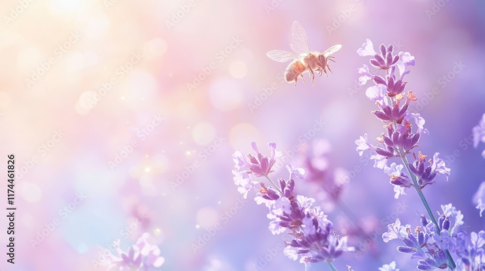 Serene Lavender Field in Bloom with a Bee Pollinating, Soft Pastel Background Creates a Dreamy Atmosphere of Nature's Beauty and Tranquility Serene Lavender Field in Bloom with a Bee Pollinating, Soft Pastel Background Creates a Dreamy Atmosphere of Nature's Beauty and Tranquility
