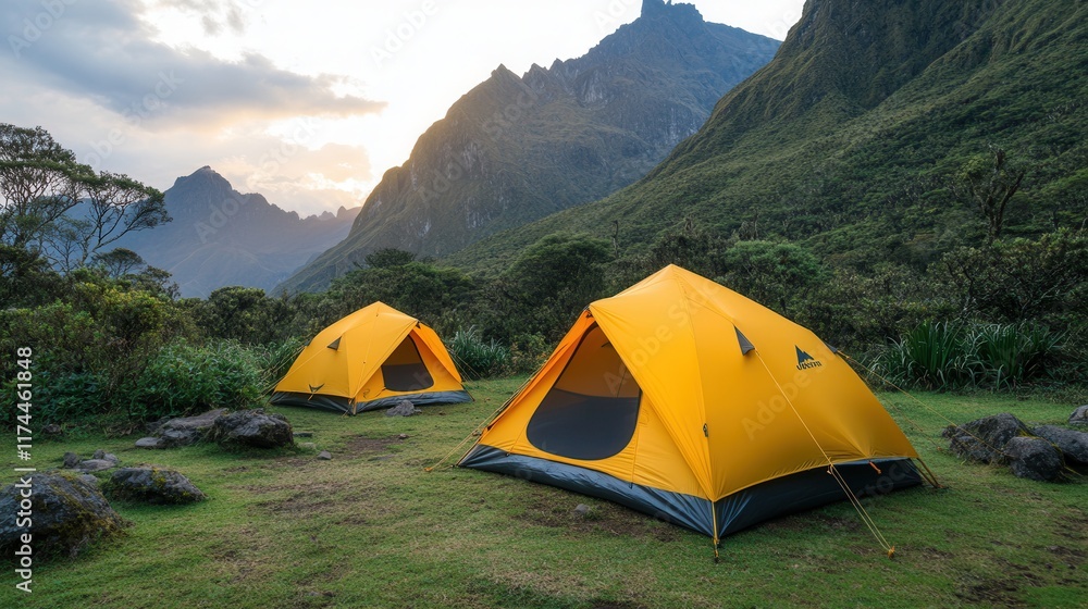 Peaceful Camping Scene in the Mountains with Yellow Tents Surrounded by Lush Greenery and Dramatic Rocky Peaks Under a Beautiful Sunset Sky Peaceful Camping Scene in the Mountains with Yellow Tents Surrounded by Lush Greenery and Dramatic Rocky Peaks Under a Beautiful Sunset Sky