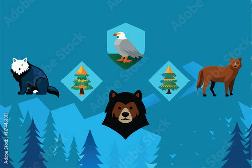 Design a series of colorful, illustrated badges featuring various animals, including bears and eagles. The badges should have a whimsical, cartoon-like style.